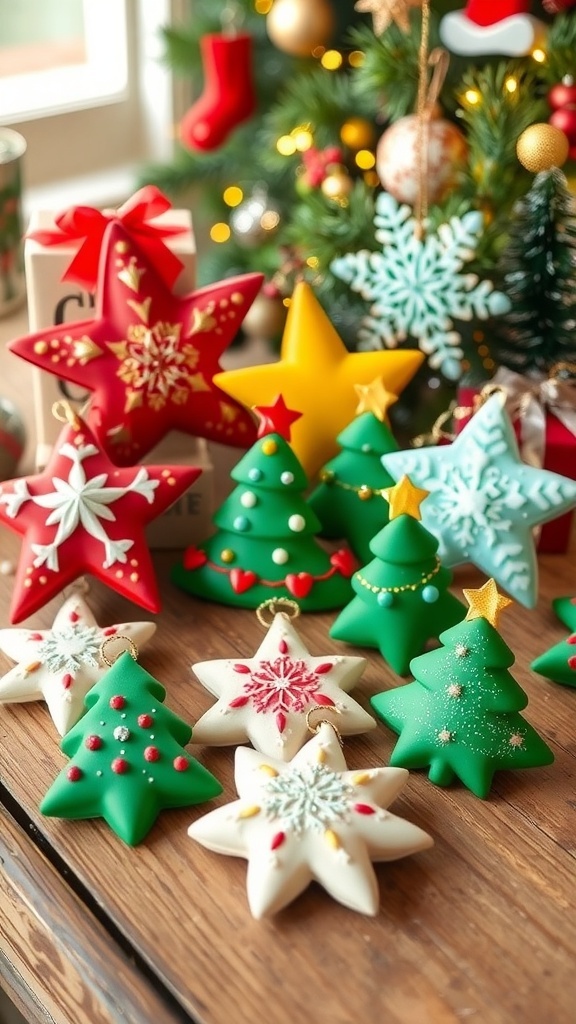 Colorful air dry clay Christmas ornaments in star, snowflake, and tree shapes displayed on a wooden table.